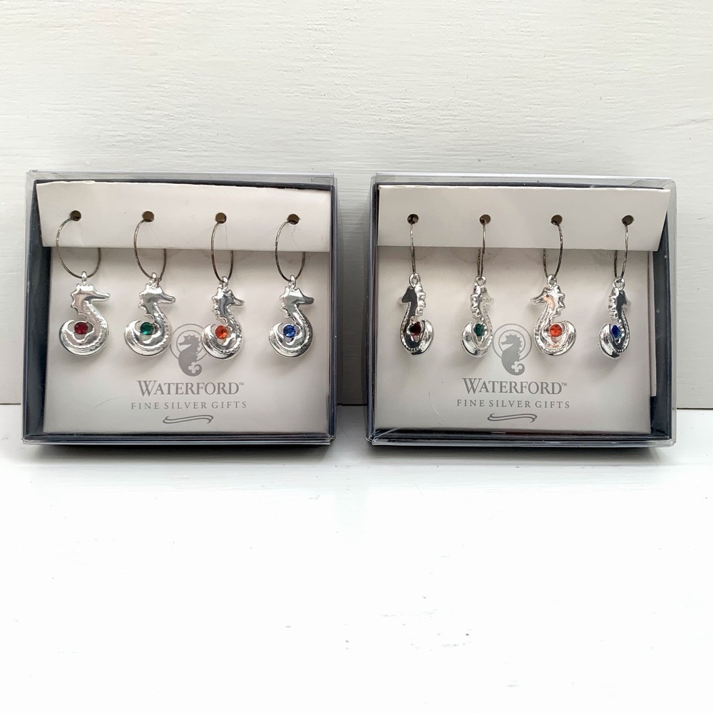 2 Sets of WATERFORD Fine Silver Gifts Seahorse Wine Charms - Sea Horse 2002